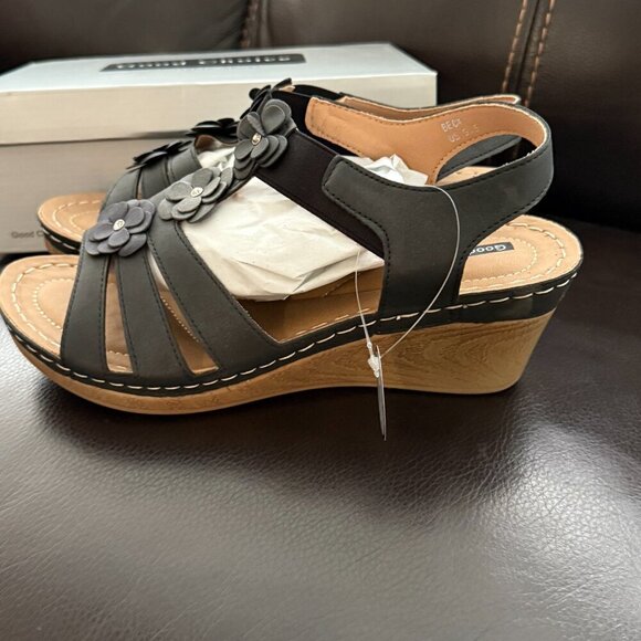 GOOD CHOICE Womens Black Flower Beck Toe Wedge Slip On Heeled Sandal sz 9.5 - Picture 3 of 8